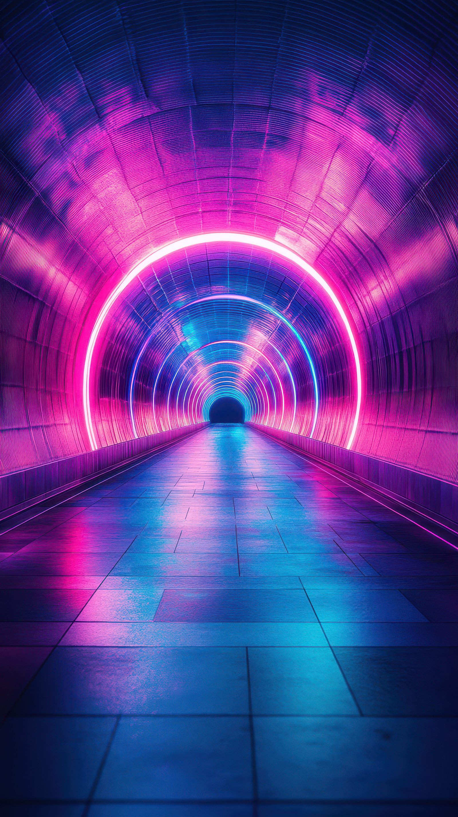 Neon-lit tunnel with vibrant colors and futuristic atmosphere during night hours
